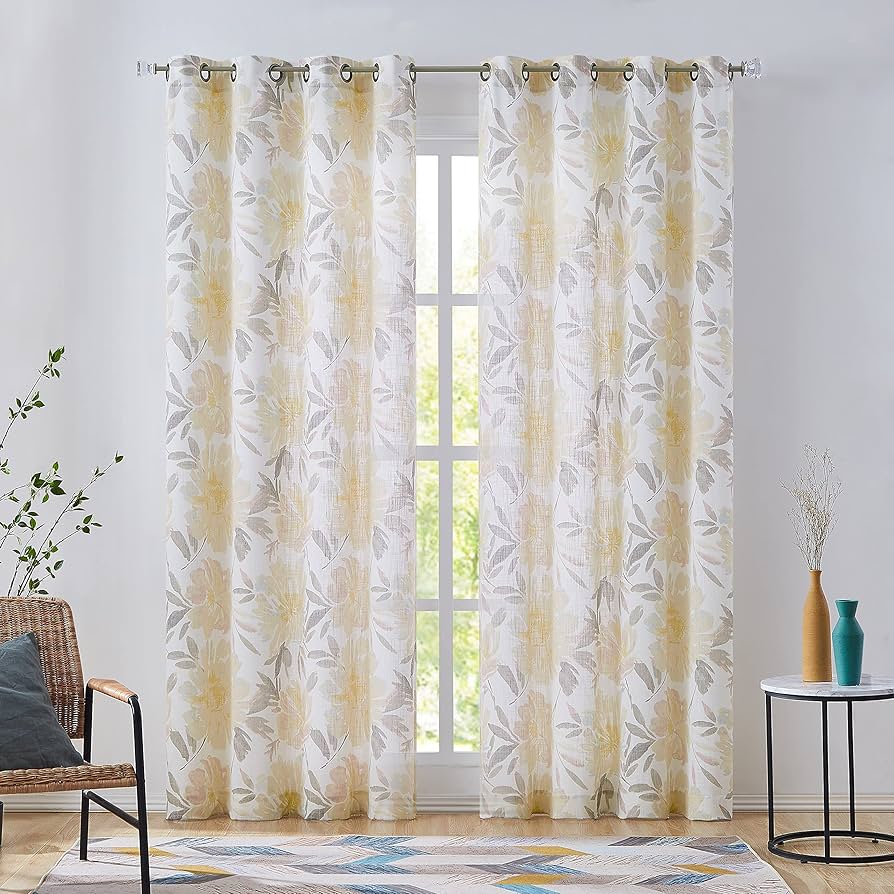 Amazon｜WEST LAKE 花柄カーテン イエロー グレー フラワー リーフ